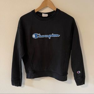 Champion Reverse Weave Navy Crewneck Pullover Sweatshirt Spellout Fuzzy-Small